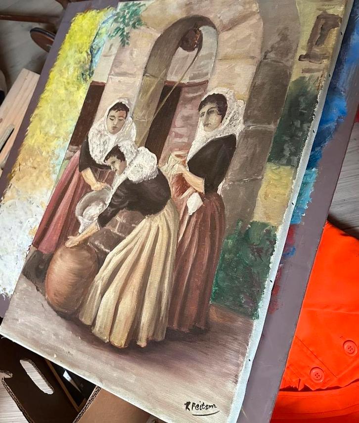 Schilderij van drie vrouwen bij een waterpomp, Antiek en Kunst, Kunst | Schilderijen | Klassiek, Ophalen