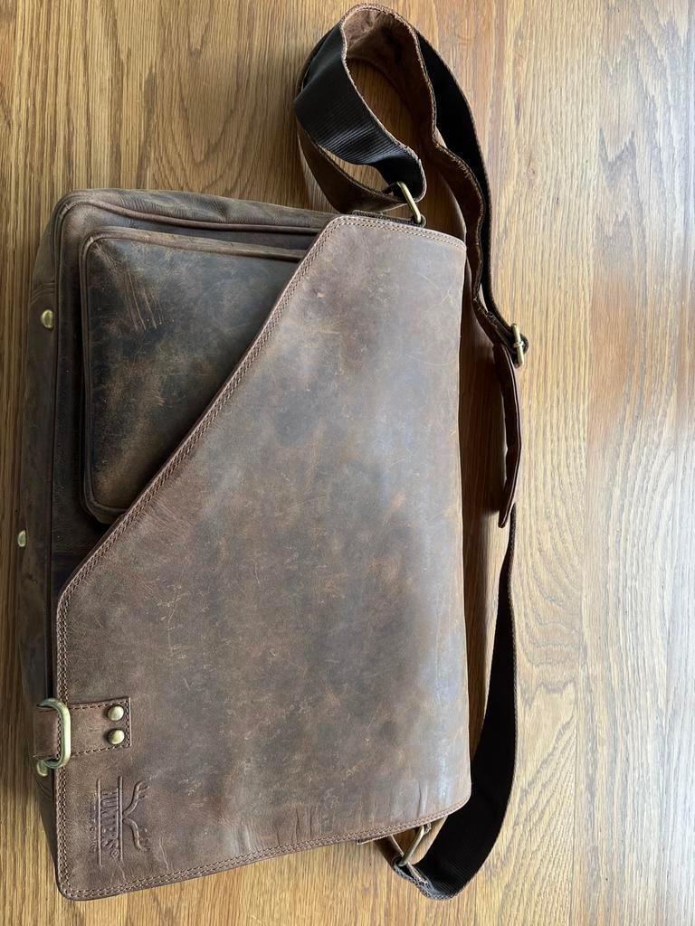 Hunters leren schoudertas met laptopvak, Overige merken, Bruin, Nieuw, Ophalen of Verzenden