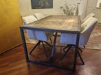Eetkamertafel metalen frame en houten blad gerecycled, Huis en Inrichting, Tafels | Eettafels, Teakhout, Gebruikt, 150 tot 200 cm