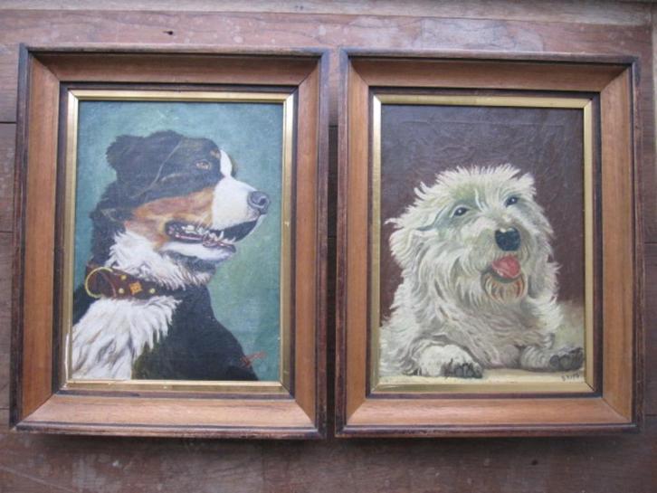 Schilderij op doek geschilderd, afbeelding hond 52x42cm, Huis en Inrichting, Woonaccessoires | Schilderijen, Tekeningen en Foto's