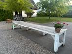 Mooie grote houten tuintafel inclusief 2 bankjes, Ophalen, Gebruikt, Rechthoekig