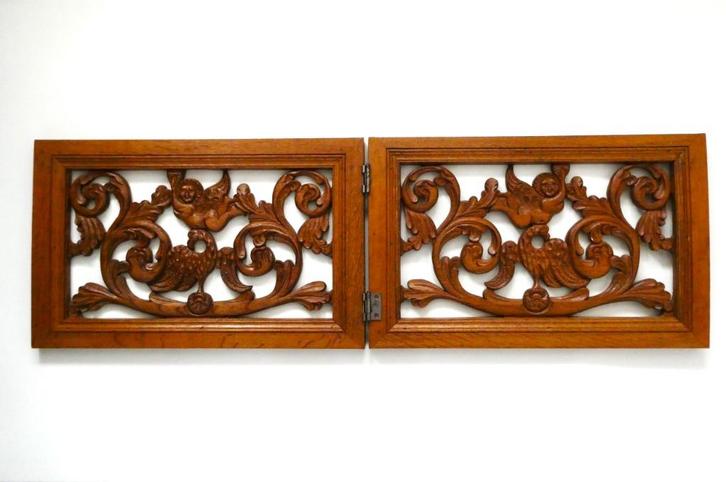 2 Houtgesneden deuren met vogel en engel deurtjes panelen, Antiek en Kunst, Curiosa en Brocante, Ophalen of Verzenden