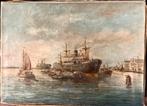 Schepen in de haven, gesigneerd, Antiek en Kunst, Kunst | Schilderijen | Klassiek, Ophalen of Verzenden