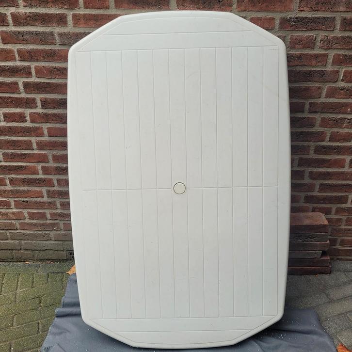 Witte Hartman tafel met 4 Sieger stoelen, Tuin en Terras, Tuintafels, Gebruikt, Rechthoekig, Kunststof, Ophalen