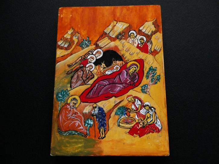 Een handbeschilderd Icoon afbeelding kerstmis kerststal, Antiek en Kunst, Antiek | Religie, Ophalen of Verzenden