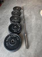 150kg Bumperplates + Olympische Halterstang 220cm, Ophalen, Gebruikt, Halterschijven