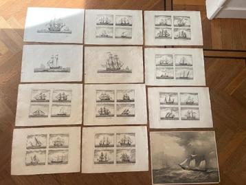 12 antieke prints van zeilschepen 18de eeuw beschikbaar voor biedingen