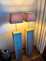 2 staande lampen steigerhout 150cm, Huis en Inrichting, Lampen | Vloerlampen, Ophalen, Zo goed als nieuw, 150 tot 200 cm