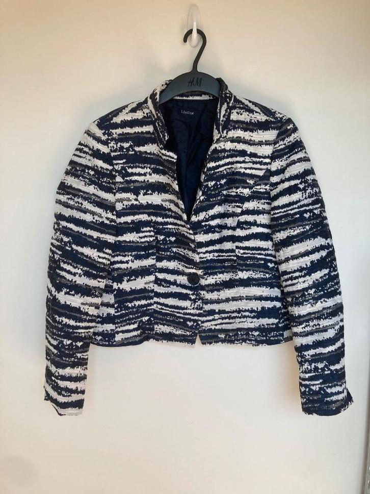 Lilytime donkerblauw wit blazer linnenstructuur maat 44/46, Kleding | Dames, Jasjes, Kostuums en Pakken, Zo goed als nieuw, Jasje