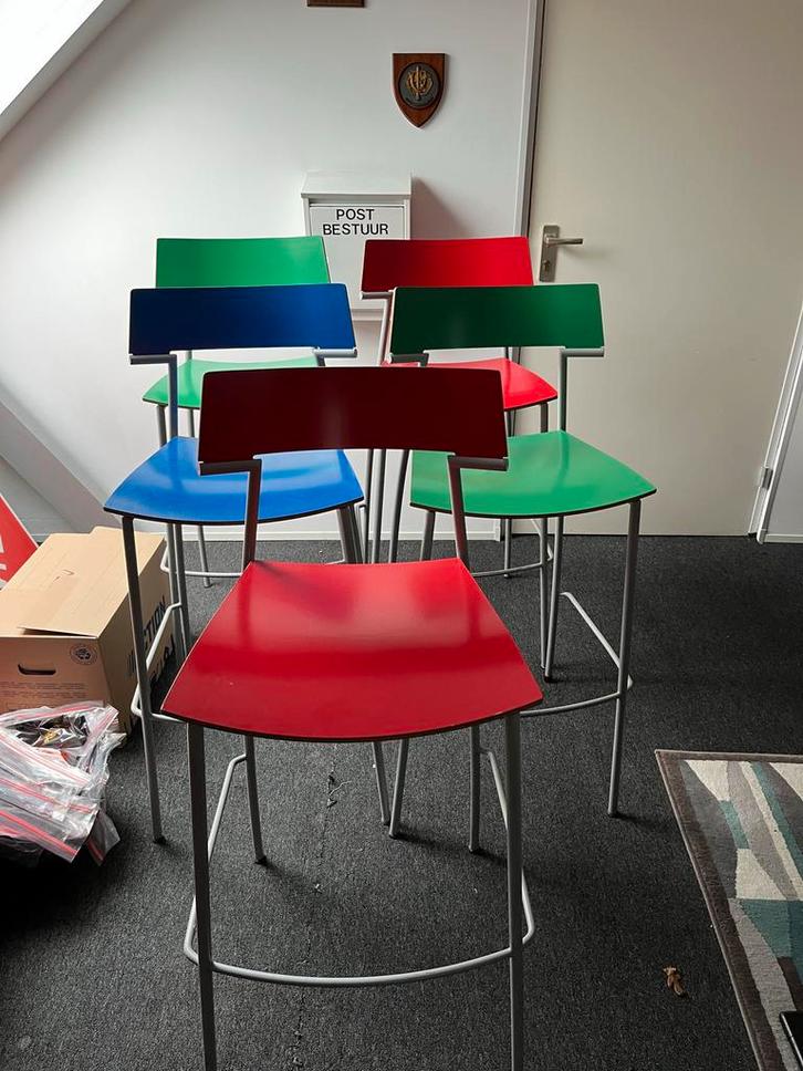 Set van barkrukken, Huis en Inrichting, Barkrukken, Gebruikt, 60 tot 90 cm, Metaal, 5 krukken of meer, Met voetsteun, Ophalen