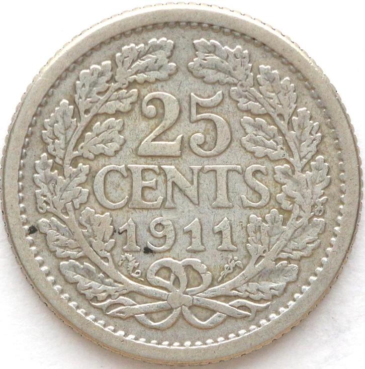 XntriQ-Coins - zilveren 25 Cent 1911 Wilhelmina, Postzegels en Munten, Munten | Nederland, Losse munt, 25 cent, Koningin Wilhelmina