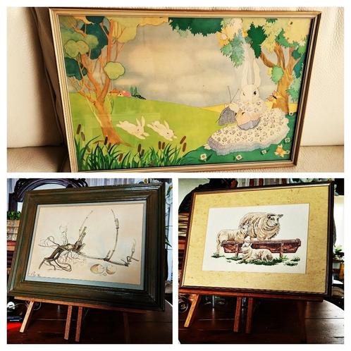 Retro in lijst schapen geborduurd prent gebroken ei en hazen, Antiek en Kunst, Curiosa en Brocante, Ophalen of Verzenden