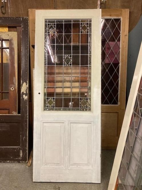 Antieke grenen tochtdeur, 3-ramen, glas-in-lood setprijs 795, Huis en Inrichting, Woonaccessoires | Overige, Gebruikt, Ophalen