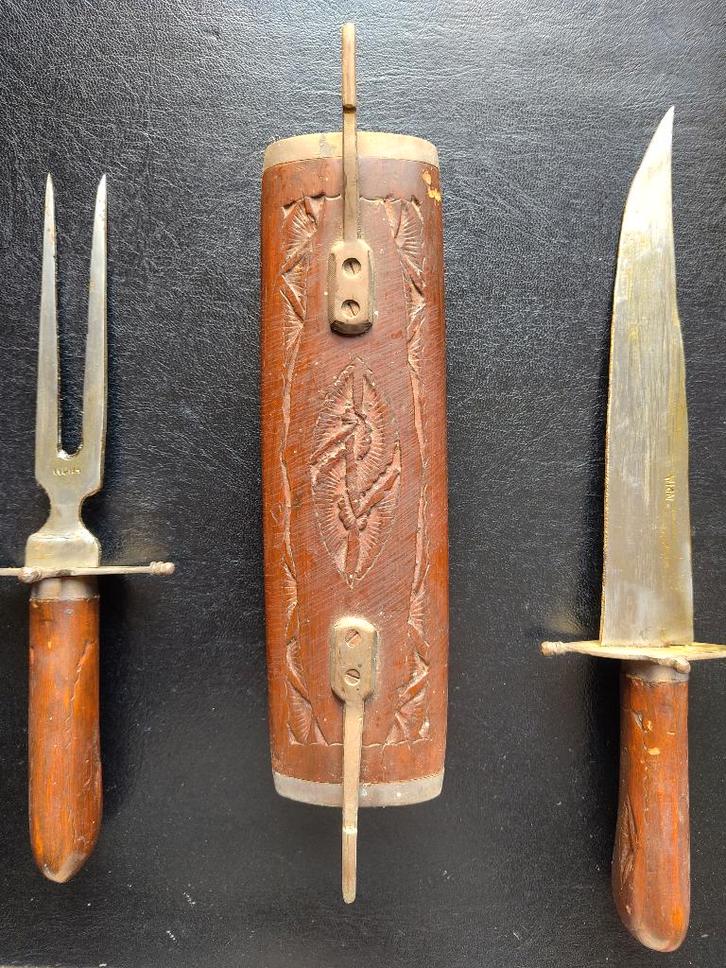 Vintage mes- en vorksnijset van hout en messing uit Indië, Antiek en Kunst, Antiek | Keukenbenodigdheden, Ophalen of Verzenden