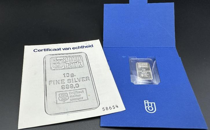 Zilverbaar 10 gram Drijfhout/Amro Bank., Postzegels en Munten, Edelmetalen en Baren, Zilver, Ophalen of Verzenden
