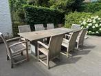 Arduin natuurstenen tafel en 8 Tribu stoelen met kussens, Ophalen, Gebruikt, Teakhout, 8 zitplaatsen