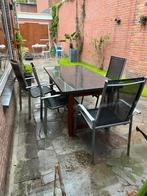 Natuurstenen tuintafel met gebeitste poten, Gebruikt, Ophalen of Verzenden, Tuinset, Eettafel