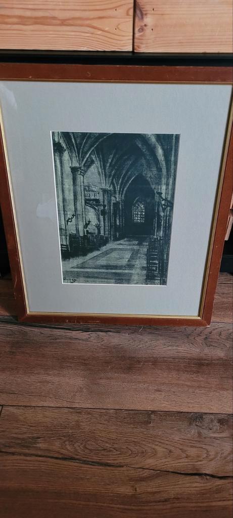 Oude Kerk Interieur - Ingelijste Print, Antiek en Kunst, Kunst | Etsen en Gravures, Ophalen of Verzenden