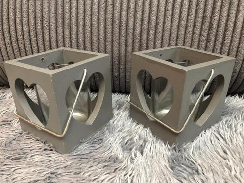 2x grijs Waxine lichthouder hart incl. glas, Huis en Inrichting, Woonaccessoires | Kandelaars en Kaarsen, Zo goed als nieuw, Minder dan 25 cm