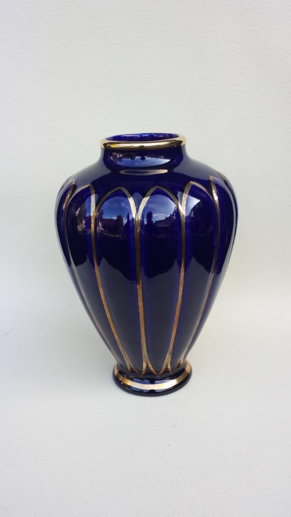 Exclusief KOBALT Blauw VAASJE ~ Accenten van Echt GOUD 15 cm, Huis en Inrichting, Woonaccessoires | Vazen, Zo goed als nieuw, Blauw