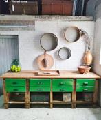 Grote oude houten werkbank keukeneiland element kast groen, Antiek en Kunst, Curiosa en Brocante, Ophalen of Verzenden