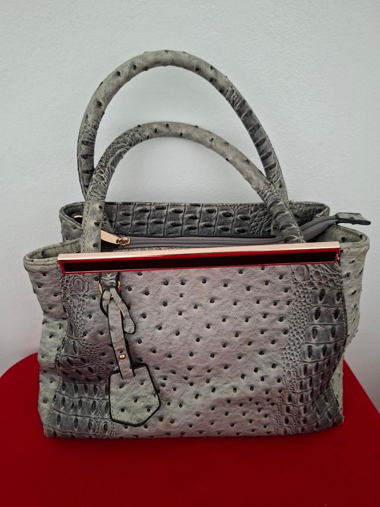 Ruime tas, veel vakken. Immitatie struisvogelleer., Ophalen of Verzenden, Zo goed als nieuw, Grijs, Handtas