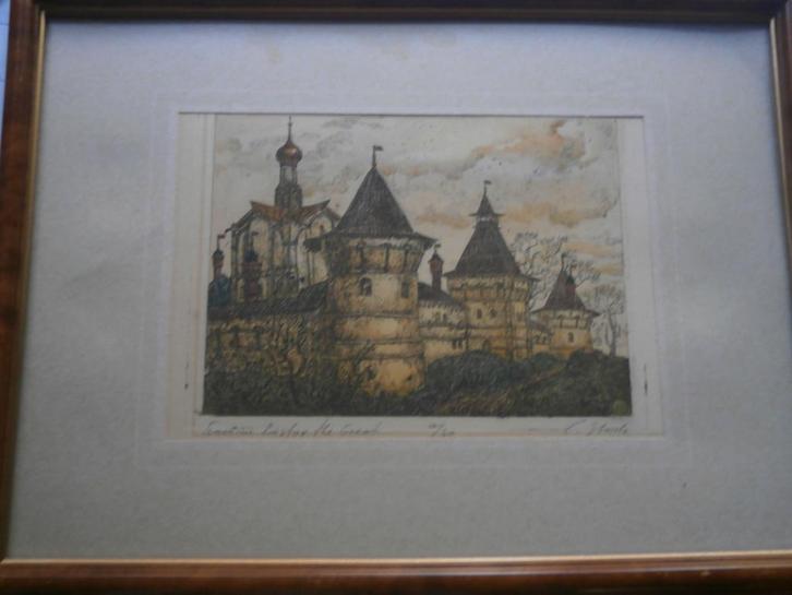 Kleurets Klooster St. Franciscus Basilio Spanje, Antiek en Kunst, Kunst | Etsen en Gravures, Ophalen