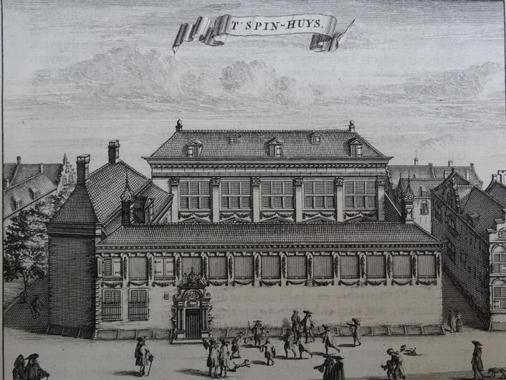 Gravure gezicht op Spinhuis fabriek in Amsterdam, 1665, Antiek en Kunst, Kunst | Etsen en Gravures, Verzenden