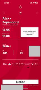 3 tickets Ajax - Feyenoord, vak 424, Tickets en Kaartjes, Drie personen of meer, December