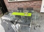 Glazen design tuintafel, ovaal met 4 rvs stoelen, Tuin en Terras, Tuinsets en Loungesets, Tuinset, Eettafel, Rvs, Gebruikt