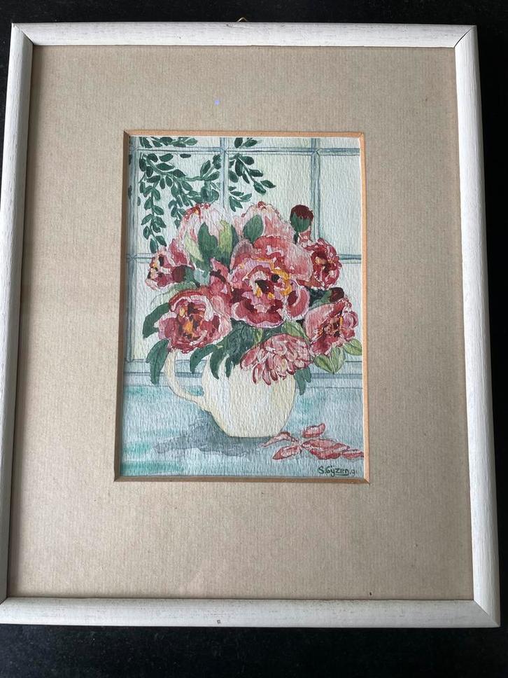 Aquarel Rozen S. Gijzen '91, Antiek en Kunst, Kunst | Schilderijen | Klassiek, Ophalen of Verzenden