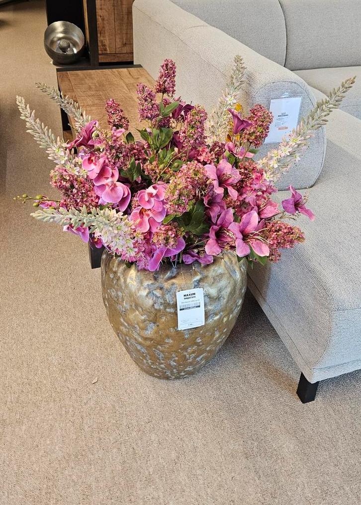 Bloemstuk met goudkleurige vaas, Huis en Inrichting, Woonaccessoires | Vazen, Nieuw, Overige kleuren, 50 tot 75 cm, Overige materialen