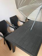 Tuintafel + 4 Tuinstoelen + Kleine Parasol, Tuin en Terras, Tuintafels, Ophalen, Zo goed als nieuw, Kunststof