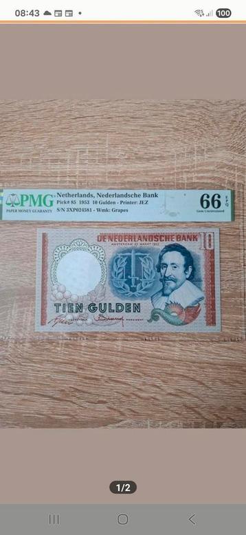 10 Gulden 1953 gecertificeerd in PMG66. beschikbaar voor biedingen