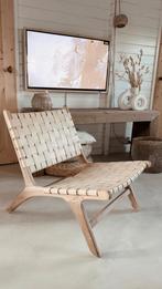 Relaxstoel/Fauteuil Teakhout met Gevlochten Leer Zand, Huis en Inrichting, Ophalen, Bruin, Nieuw, Leer