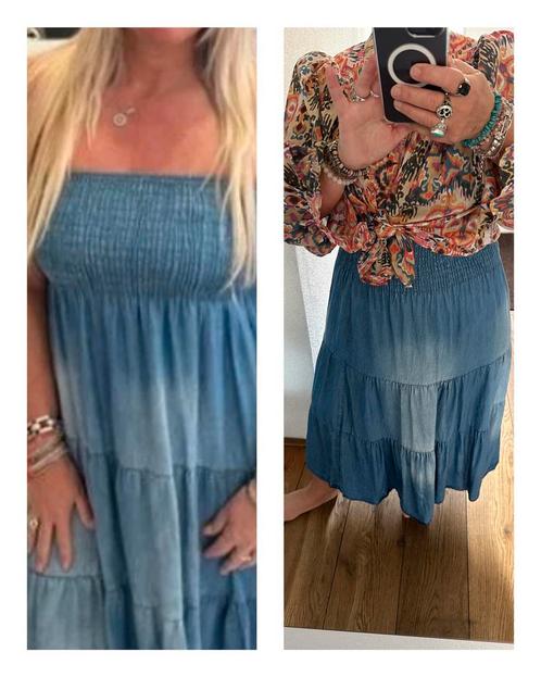 Spijkerrok / jurk met elastische taille band een maat 38/46, Kleding | Dames, Jurken, Zo goed als nieuw, Maat 42/44 (L), Blauw