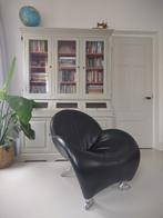 Leolux Papageno Fauteuil in zwart leder op aluminium pootjes, Ophalen, 75 tot 100 cm, Zo goed als nieuw, Metaal
