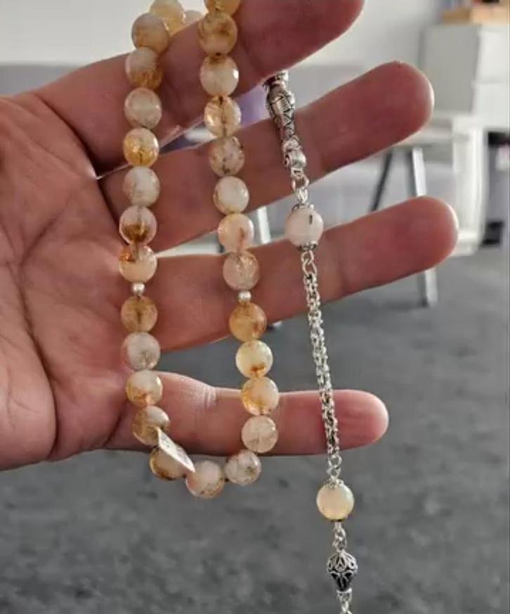 Citrien Steen Tesbih DOĞAL TAŞ TESBIH VE BİLEKLİK SİTRİN, Sieraden, Tassen en Uiterlijk, Armbanden, Nieuw, Zilver, Geel, Met bedels of kralen