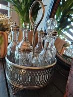 Antiek olie- en azijnstel met verzilverde houder, Antiek en Kunst, Antiek | Glas en Kristal, Ophalen of Verzenden