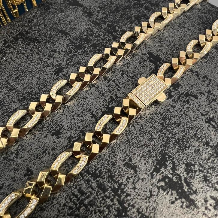 14k gouden ketting collier figaro schakel met stenen, Sieraden, Tassen en Uiterlijk, Kettingen, Zo goed als nieuw, Goud, Ophalen of Verzenden