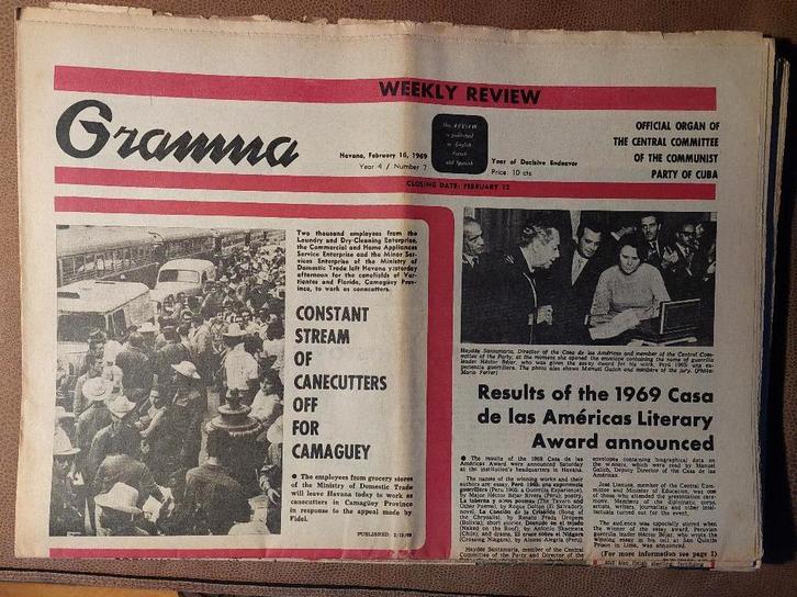 18 exemplaren Gramma Weekly – 1969 1970 Cubaanse kranten, Boeken, Tijdschriften en Kranten, Gelezen, Krant, Ophalen of Verzenden