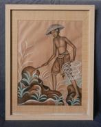 Aquarel Man met kapmes en mand Bali Indonesie hxb 31,6x24 cm, Antiek en Kunst, Ophalen of Verzenden