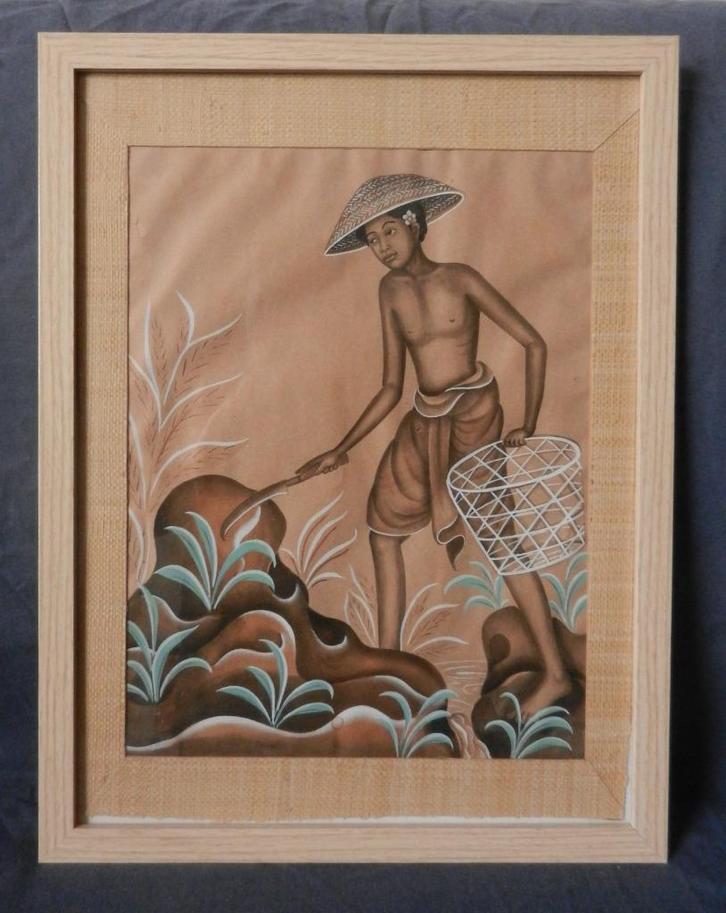 Aquarel Man met kapmes en mand Bali Indonesie hxb 31,6x24 cm, Antiek en Kunst, Kunst | Tekeningen en Foto's, Ophalen of Verzenden