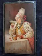 Russisch lakwerk schilderij, vrouw met thee, Antiek en Kunst, Ophalen