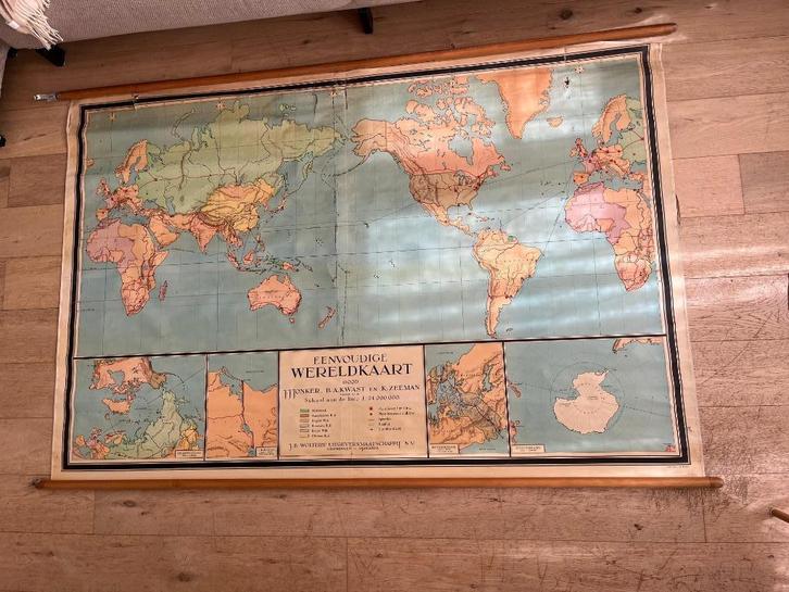 Grote wereldkaart — Jonker, Kwast & Zeeman - Jaren '50, Antiek en Kunst, Antiek | Schoolplaten, Geschiedenis, Ophalen