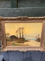 Schilderij met fraai landelijk tafereel in gouden lijst, Ophalen of Verzenden