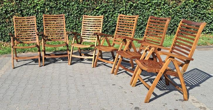 6 Teakhouten standenstoelen, inklapbaar, Tuin en Terras, Tuinstoelen, Gebruikt, Teakhout, Inklapbaar, Verstelbaar, Ophalen