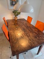 GRATIS! Houten tafel met 4 oranje leren stoelen, 180 x 94, Ophalen, Gebruikt, Hedendaags antiek, 4 tot 6 stoelen