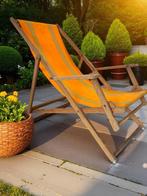 Vintage oranje opklapbare tuinstoel / strandstoel, Tuin en Terras, Tuinstoelen, Ophalen, Gebruikt, Hout