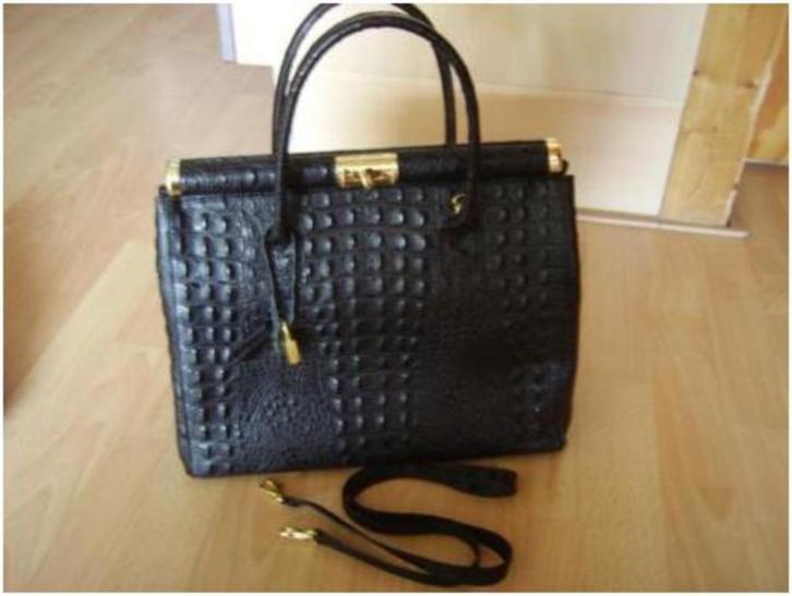 Italiaanse zwart leren tas met krokoprint en messing beslag, Sieraden, Tassen en Uiterlijk, Tassen | Damestassen, Zo goed als nieuw